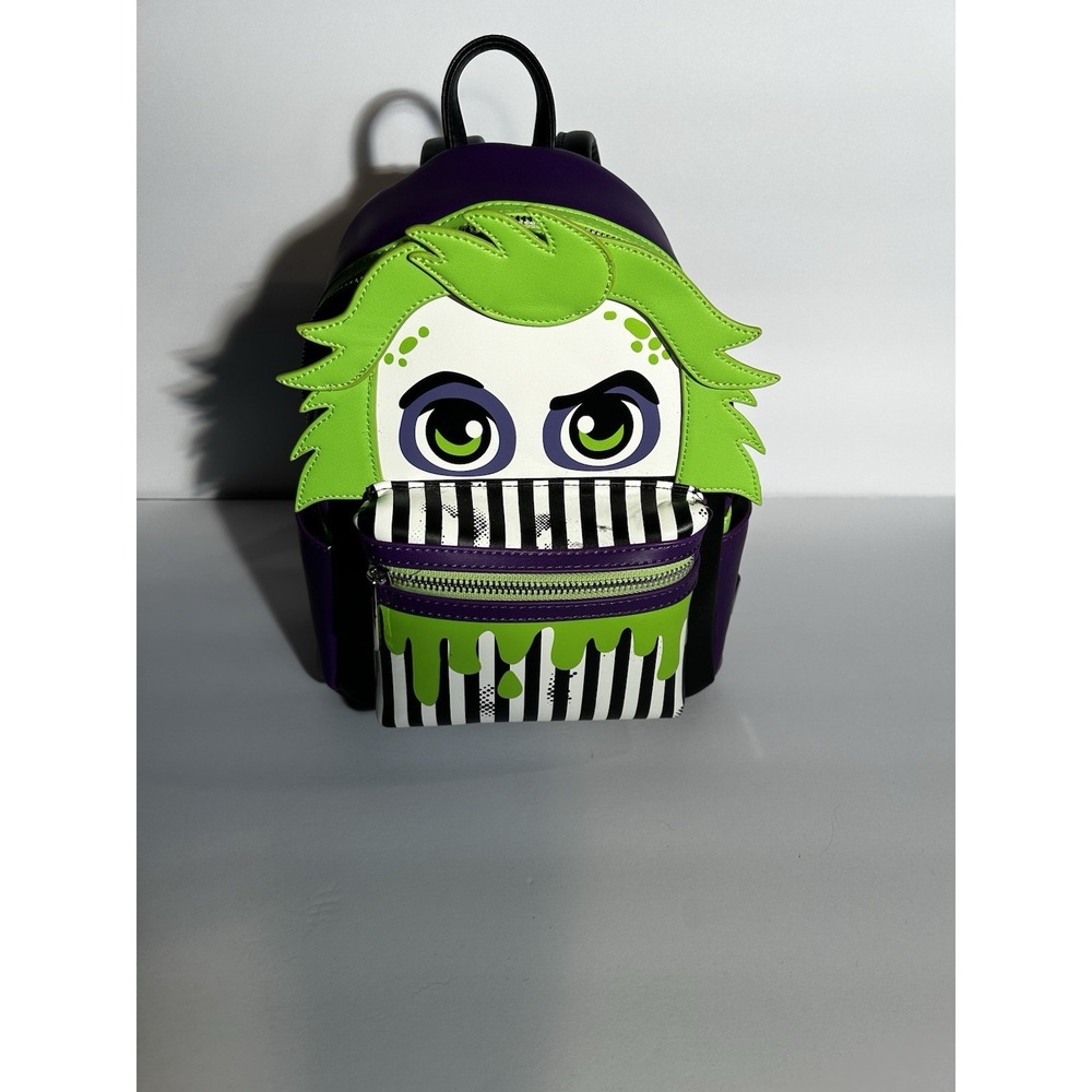 Loungefly Beetlejuice Mini Backpack Wallet Set Green Purple Cartoon Stripe Bag